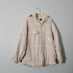 Plaid Hooded Jacket with Embroidered Logo Sz M